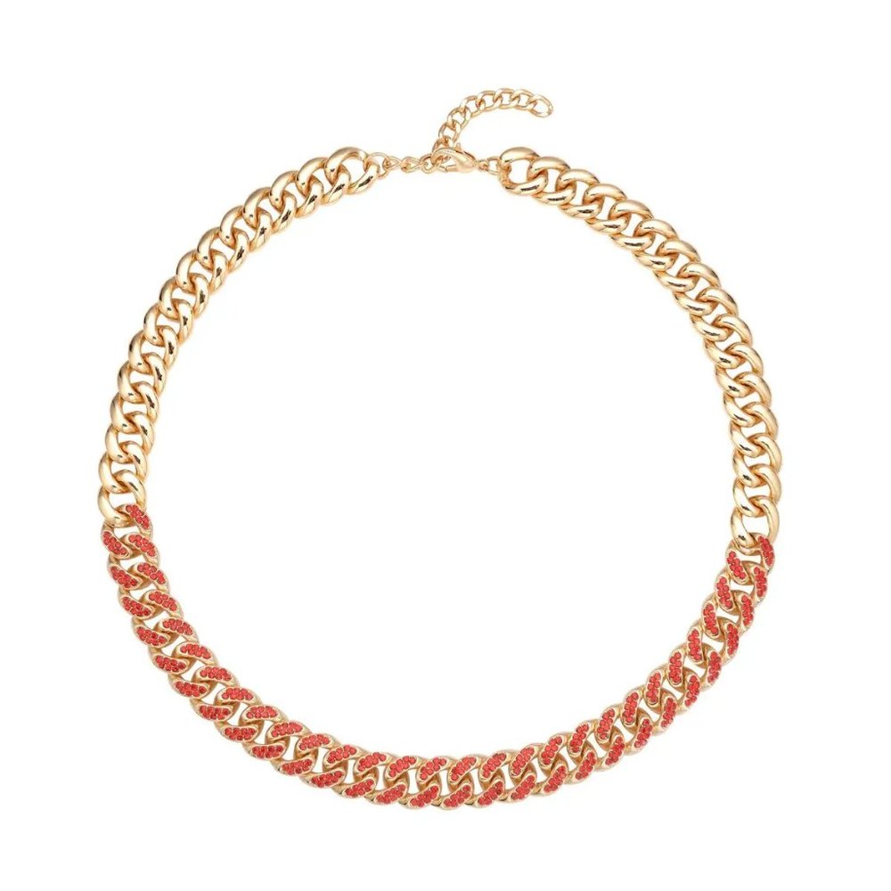87. Red Austrian Crystal Curb Link Chain Necklace in Goldtone